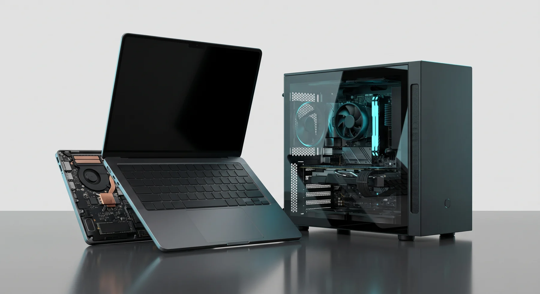 Notebook com a placa à mostra ao lado de um computador desktop com lateral de vidro